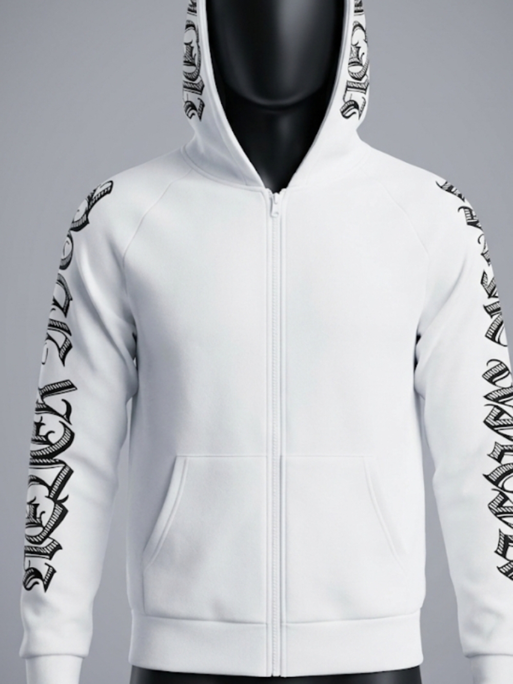 all the way Zip-Up Hoodie with Black tattoo  Script Sleeve Print 22 inch p2p